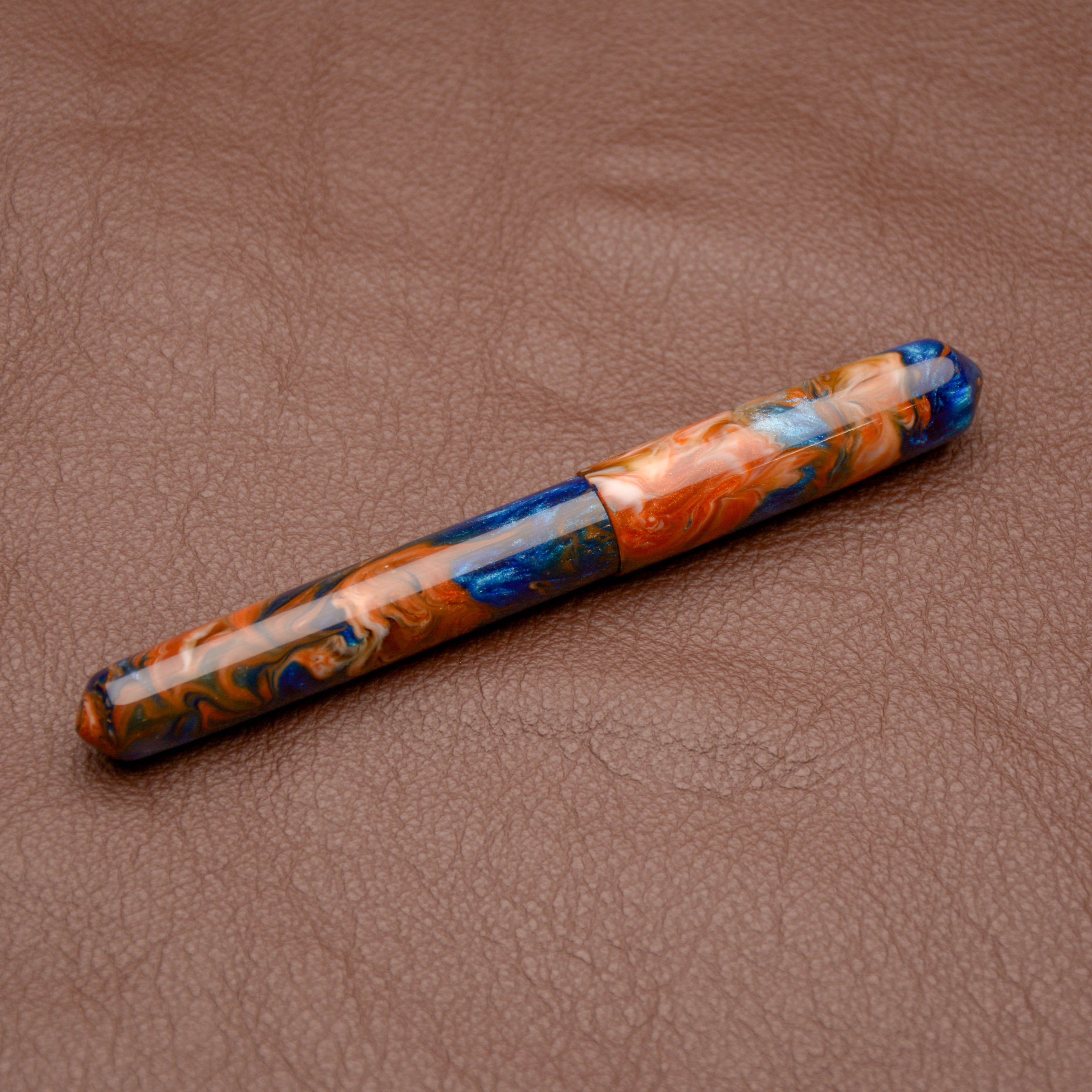 Fountain Pen - Bock #6 - 13 mm - In-house cast with multiple tones of blue, orange-brown and white.
