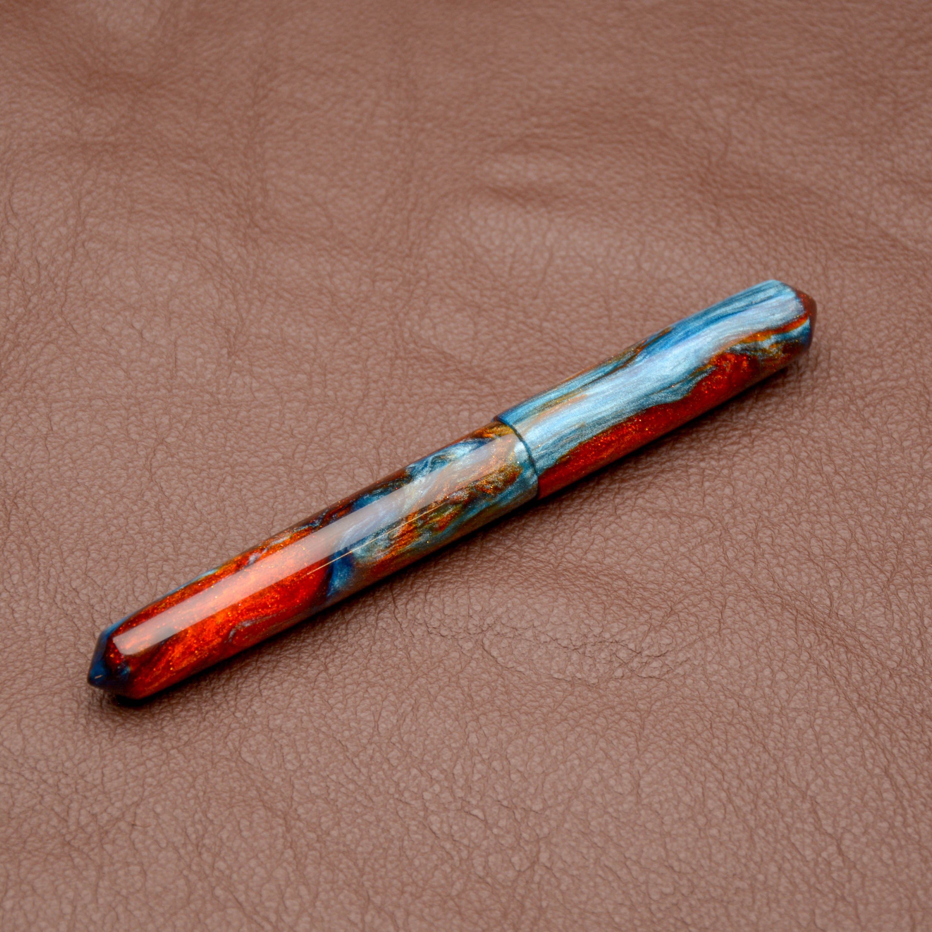 Fountain Pen - Bock #6 - 13 mm - In-house orange and light blue with fireopal glitters in the orange