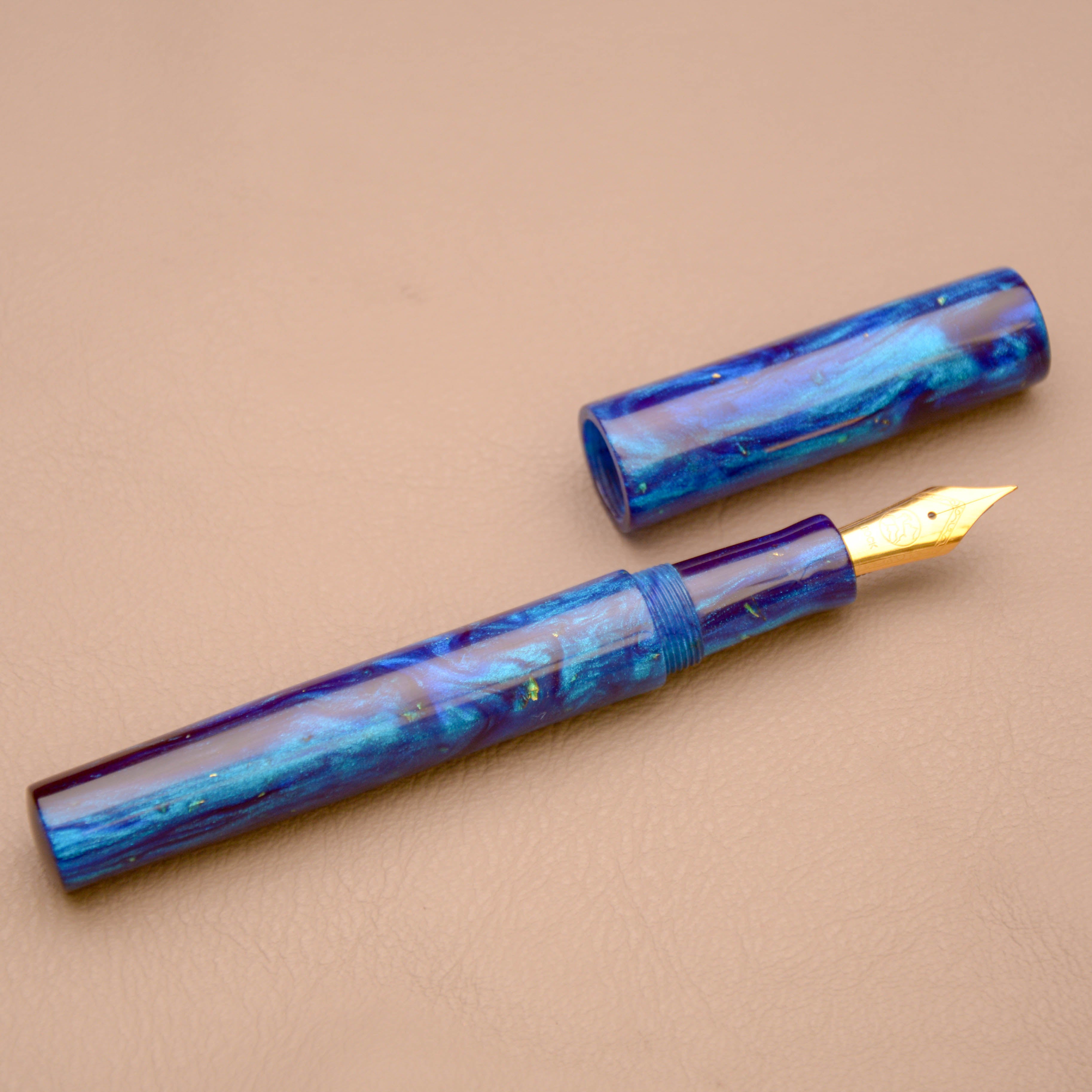 Fountain Pen - Bock #6 - 13 mm - In house cast with multiple blues and real gold flakes