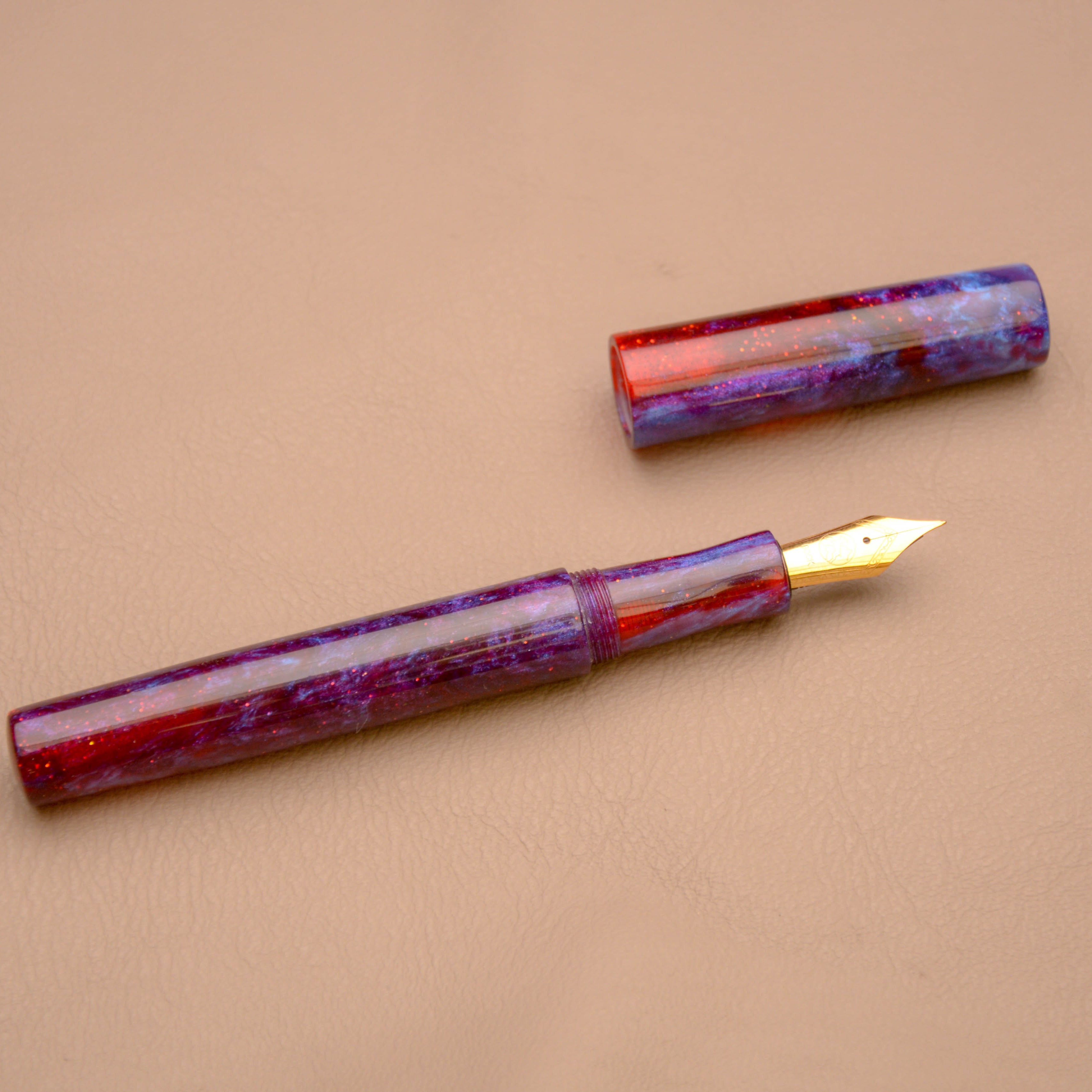 Fountain Pen - Bock #6 - 13 mm - In house cast with reds, purple and blue with glitters