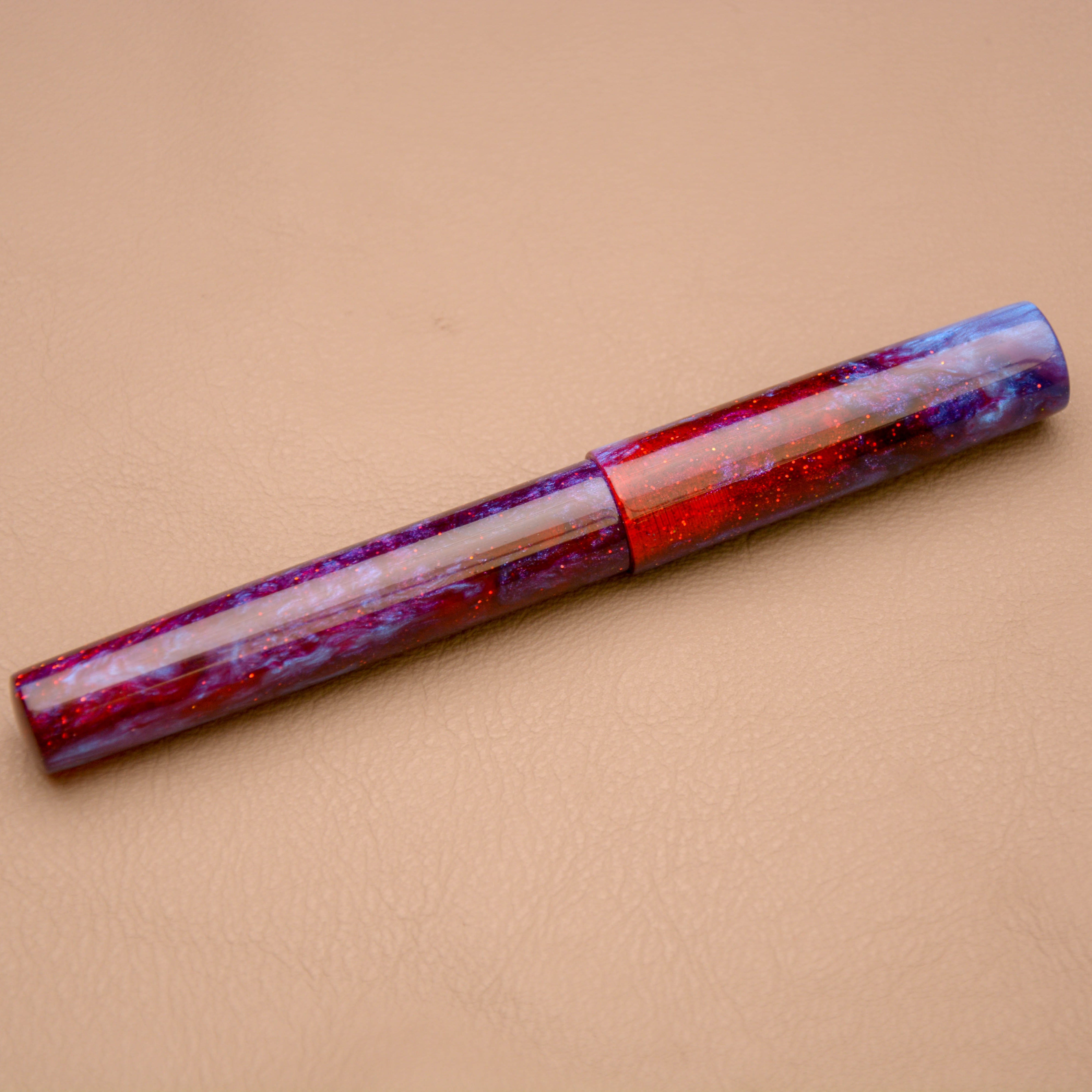 Fountain Pen - Bock #6 - 13 mm - In house cast with reds, purple and blue with glitters