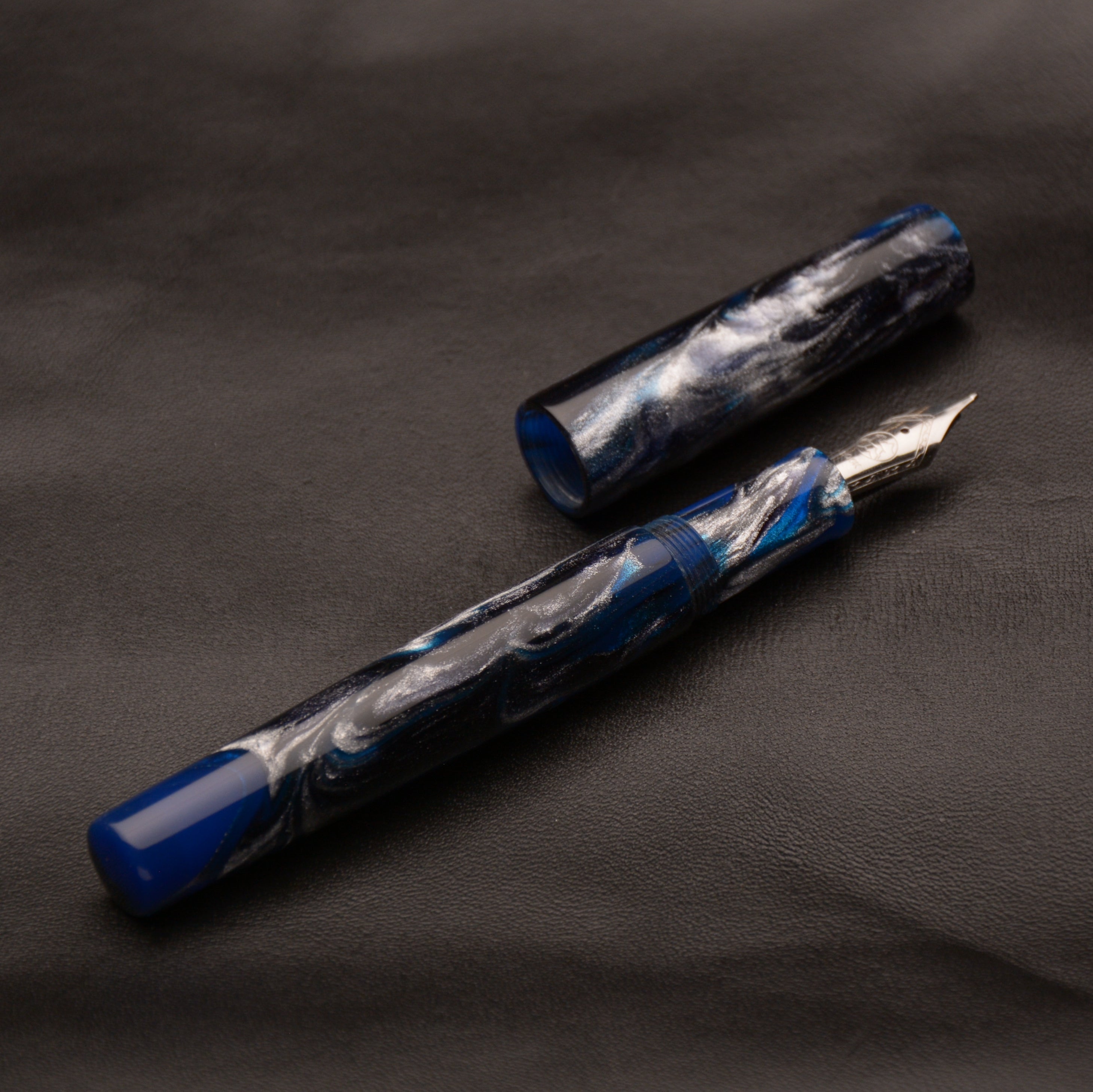 Fountain Pen - Bock #6 - 13 mm - In-house cast with blue, black and metallic silver