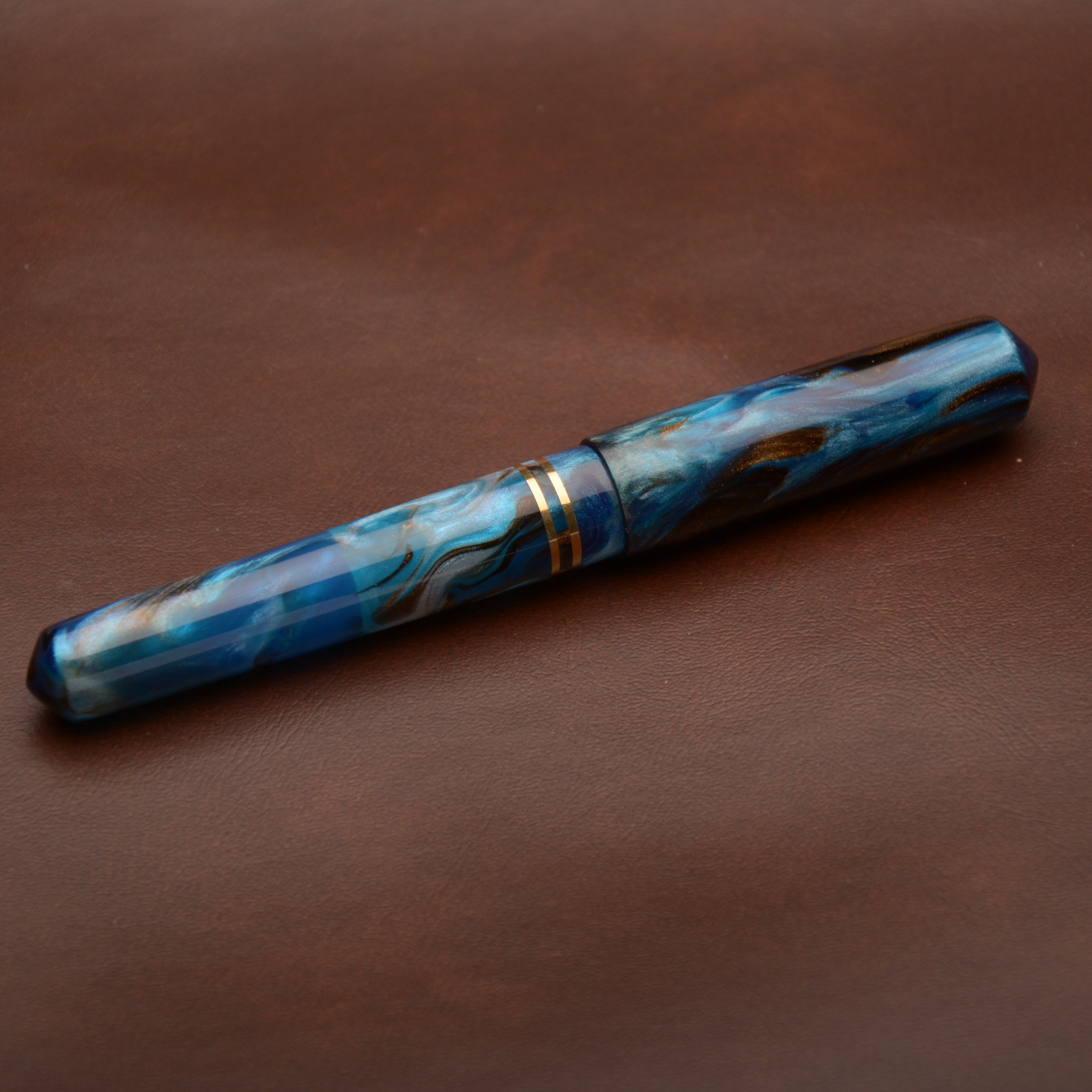 Fountain Pen - Bock #6 - 13 mm - In-house cast with blues and browns and brass details